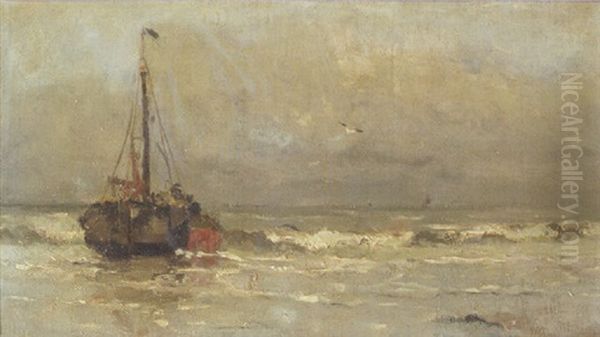 A Bomschuit In The Breakers Oil Painting by Gerhard Arij Ludwig Morgenstje Munthe