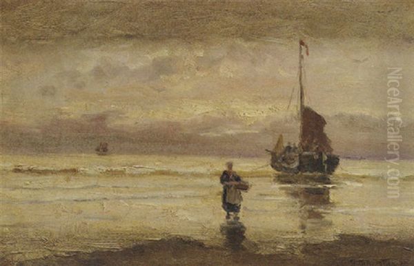 A Beached Bomschuit At Sunset Oil Painting by Gerhard Arij Ludwig Morgenstje Munthe