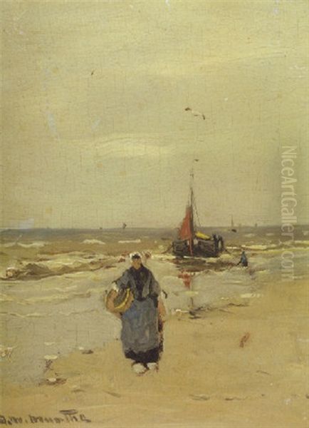 A Fisherwoman On The Beach Of Katwijk Oil Painting by Gerhard Arij Ludwig Morgenstje Munthe