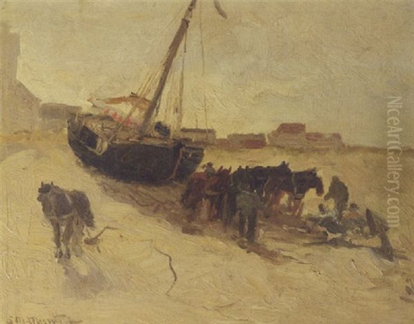 A Beach Scene With Horses And A Fishing Smack Oil Painting by Gerhard Arij Ludwig Morgenstje Munthe