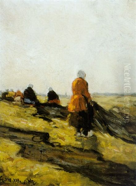 Fisherwomen Mending Nets Oil Painting by Gerhard Arij Ludwig Morgenstje Munthe