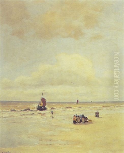 A Beachscene With A Bomschuit Coming In Oil Painting by Gerhard Arij Ludwig Morgenstje Munthe