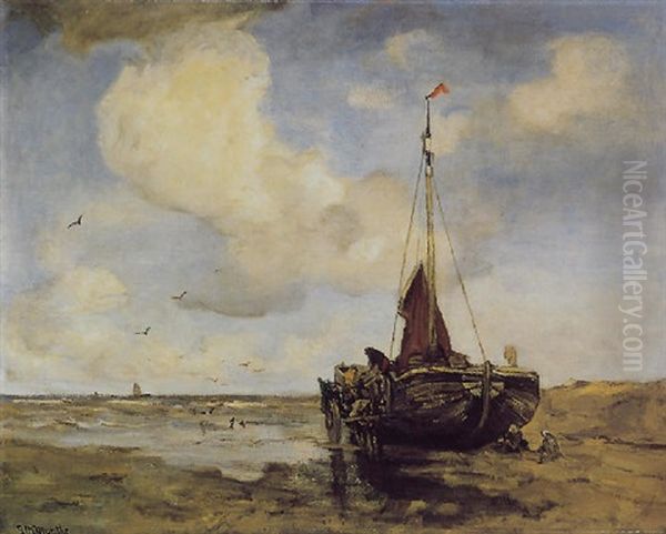 Bomschuit Op Het Strand Met Schelpenvisser Langszij Oil Painting by Gerhard Arij Ludwig Morgenstje Munthe