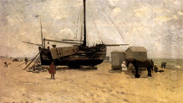Figures By A Beached Bomschuit, Katwijk Oil Painting by Gerhard Arij Ludwig Morgenstje Munthe