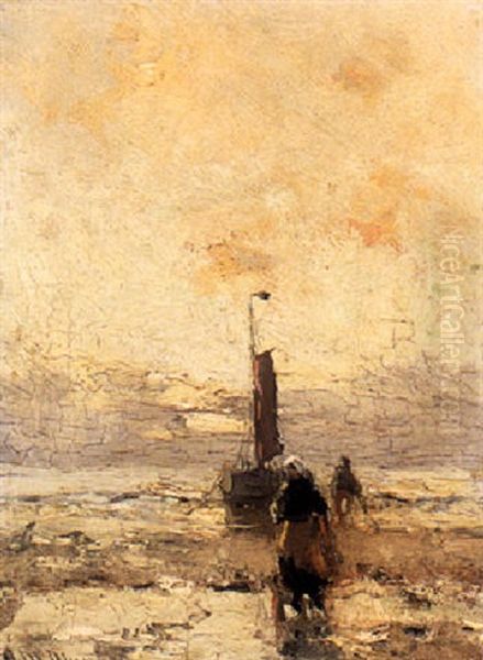 Figures On The Beach Near A Moored Bomschuit Oil Painting by Gerhard Arij Ludwig Morgenstje Munthe