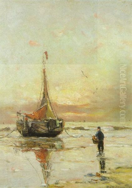 A Beached Bomschuit At Sunset Oil Painting by Gerhard Arij Ludwig Morgenstje Munthe