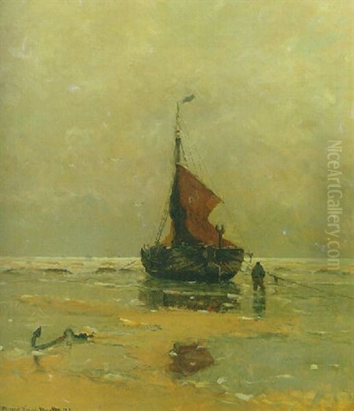 A Moored Bomschuit On The Beach Of Katwijk Oil Painting by Gerhard Arij Ludwig Morgenstje Munthe