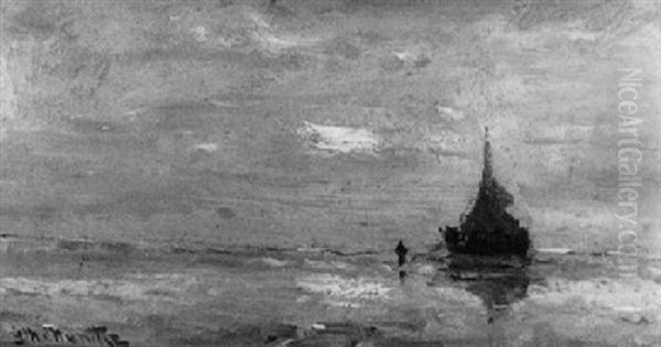 A Beached Bomschuit At Sunset Oil Painting by Gerhard Arij Ludwig Morgenstje Munthe