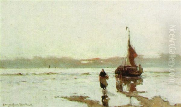 Unloading The Catch From A Sailing Boat Oil Painting by Gerhard Arij Ludwig Morgenstje Munthe