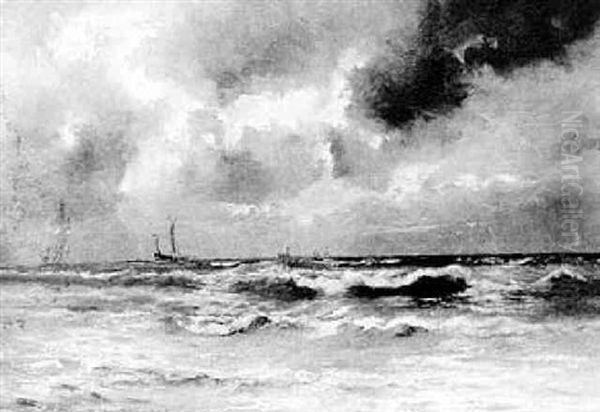 Tall Ships On The Horizon Of A Stormy Sea Oil Painting by Gerhard Arij Ludwig Morgenstje Munthe