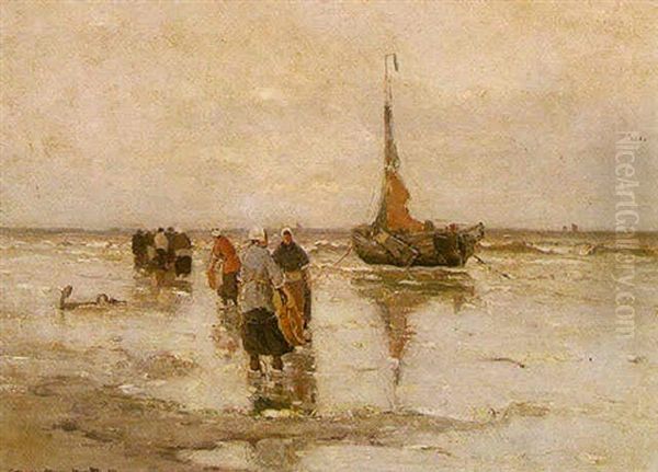 A Beach Scene With Women By A Moored Boat Oil Painting by Gerhard Arij Ludwig Morgenstje Munthe