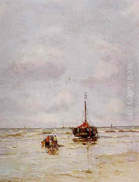 Bomschuit En Vissers Op Het Strand Oil Painting by Gerhard Arij Ludwig Morgenstje Munthe