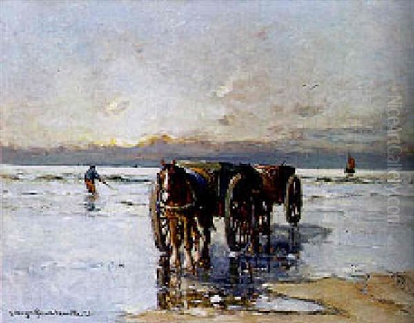 Shell-fishers In The Breakers Oil Painting by Gerhard Arij Ludwig Morgenstje Munthe