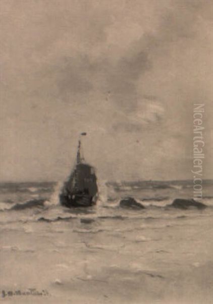 Bomschuit In The Breakers, Katwijk Oil Painting by Gerhard Arij Ludwig Morgenstje Munthe