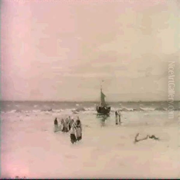 Figures Near A Moored Fishing-boat Oil Painting by Gerhard Arij Ludwig Morgenstje Munthe