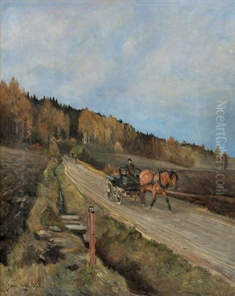 On The Road With Horse And Carriage Oil Painting by Gerhard Munthe