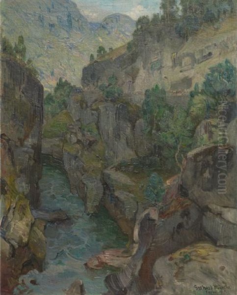 Norsk Lakseelv I Laerdal Oil Painting by Gerhard Munthe