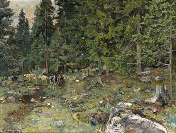Kyr I Skogen Ulvin Oil Painting by Gerhard Munthe