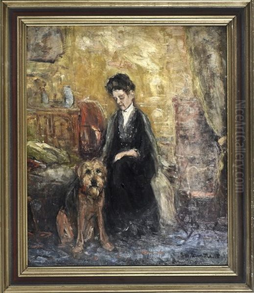 Dame Mit Hund In Stimmungsvollem Interieur Oil Painting by Gerhard Munthe