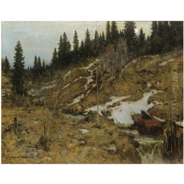 Snodekket Elvelandskap, Snowy River Landscape Oil Painting by Gerhard Munthe