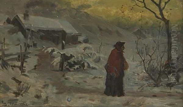 A Winter Scene With A Figure Walking Along A Path Oil Painting by Gerhard Munthe