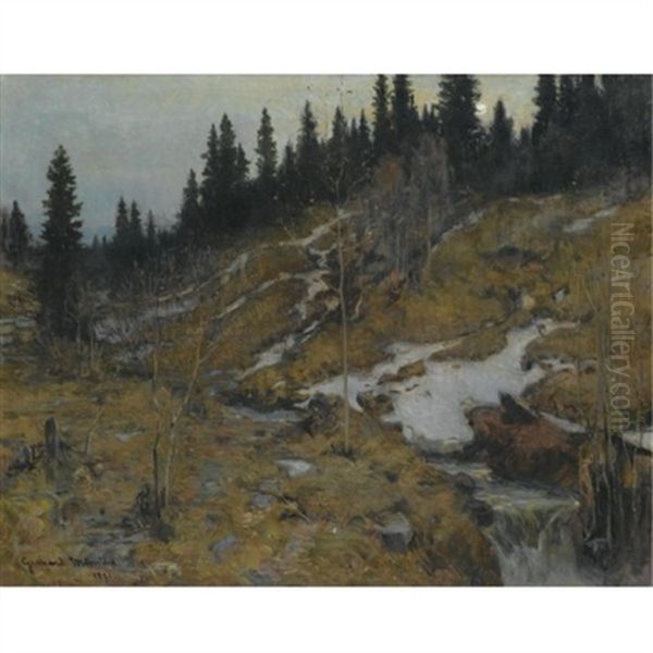 Snodekket Elvelandskap (snowy River Landscape) Oil Painting by Gerhard Munthe