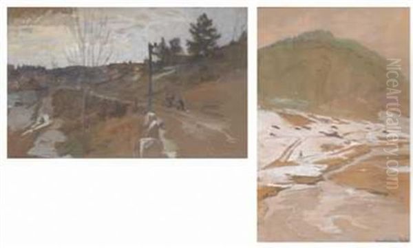 Sneflekker Ved Engervandet, Baerum (+ Hvorledes Elven Kom Til Verden, 1892, Lrgr; 2 Works) Oil Painting by Gerhard Munthe