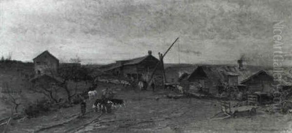 Peasants And Cattle On A Farmyard Oil Painting by Gerhard Munthe