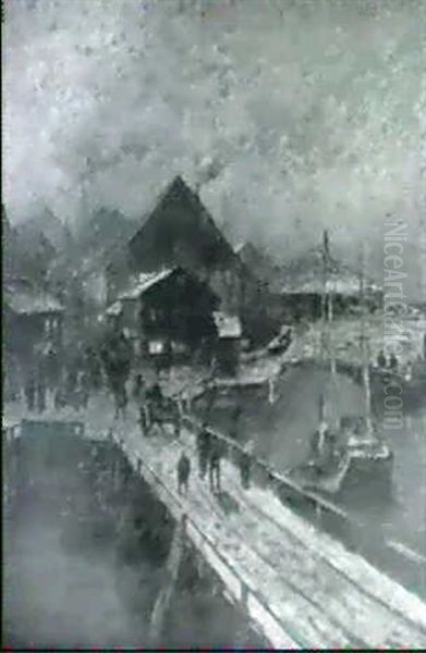 Havneparti Om Vinteren Oil Painting by Gerhard Munthe