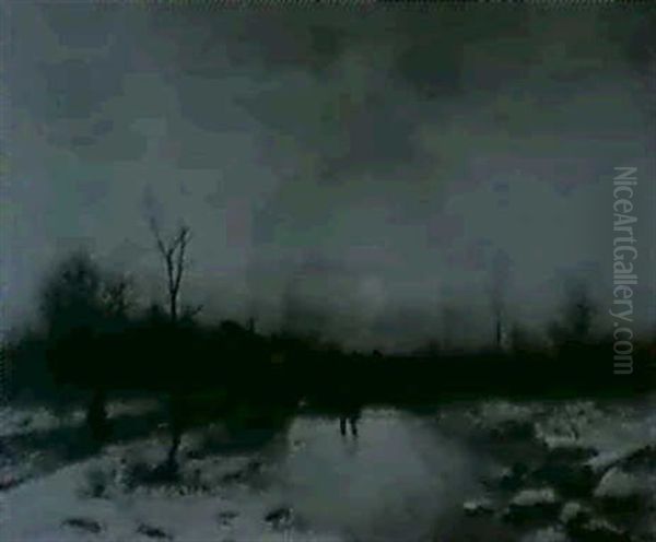 Verschneite Hollandische Flusslandschaft Mit Figurens-      Taffage Oil Painting by Gerhard Munthe