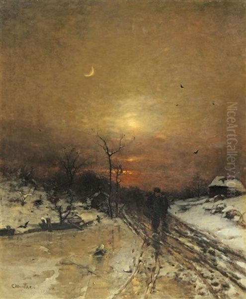 Moonlit Winter Landscape Oil Painting by Ludwig Munthe