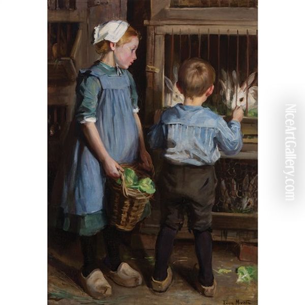 Children Feeding The Rabbits Oil Painting by Laura Adeline Muntz-Lyall