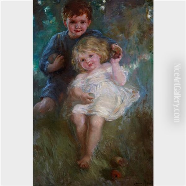 Portrait Study Of Two Children In An Orchard Oil Painting by Laura Adeline Muntz-Lyall