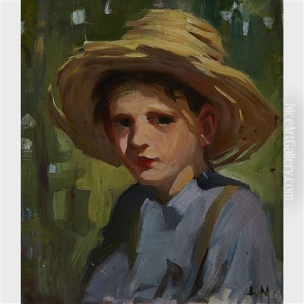 Boy With A Straw Hat Oil Painting by Laura Adeline Muntz-Lyall