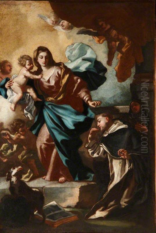 The Madonna And Child Presenting Saint Dominic With The Rosary Oil Painting by Francesco de Mura