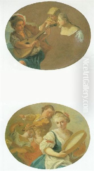 A Study Of A Boy Playing A Mandolin For Two Women Oil Painting by Francesco de Mura