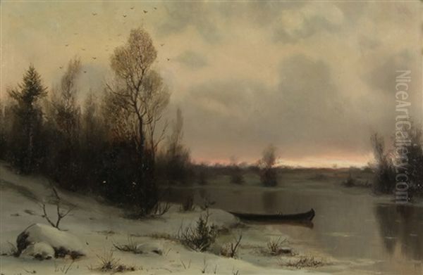 Winter Twilight Oil Painting by Vladimir Leodinovitch (Comte de) Muravioff