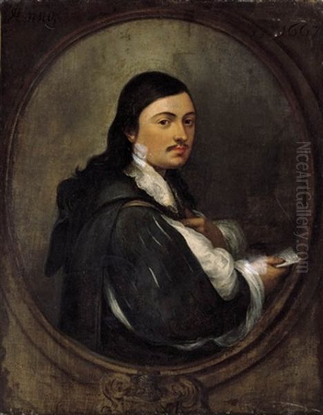 Portrait Of Nicolas De Omazur (1609-89), Half-length, In A Black Slashed Doublet, Holding A Letter In His Right Hand Oil Painting by Bartolome Esteban Murillo