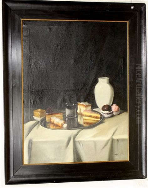 Stilleven Met Petitfours En Witte Vaas Oil Painting by Vilmos Murin