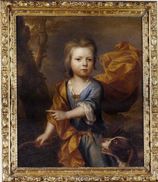 Portrait Of A Young Boy Holding A Bow And A Quiver Of Arrows, In A Blue Tunic And Orange Cloak, With A Spaniel At His Side Oil Painting by Thomas Murray
