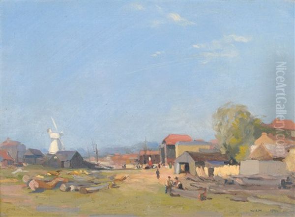 Boatyard With Figures, A Windmill In The Distance Oil Painting by William Grant Murray