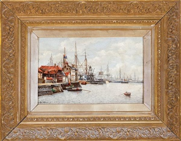 Harbor Scene, Possibly Antwerp On The Scheldt River Oil Painting by Auguste Henri Musin
