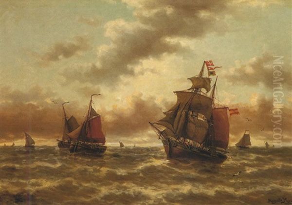 Navire Au Pavillon Espagnol Au Coucher Du Soleil Oil Painting by Auguste Henri Musin