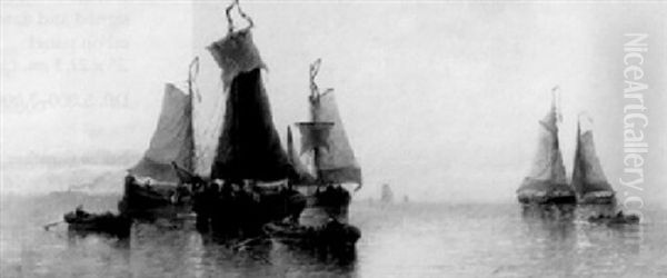 Sailingvessels At Dusk Oil Painting by Auguste Henri Musin