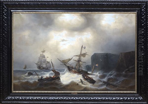 Fartyg Vid Stormig Kust Oil Painting by Francois-Etienne Musin