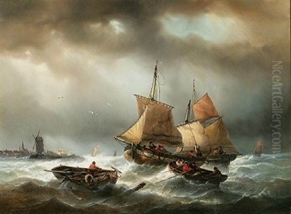 Paysage Cotier Avec Pecheurs Sur Une Mer Agitee Oil Painting by Francois-Etienne Musin