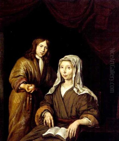 Mutter Und Sohn In Einem Interieur, Neben Dem Knaben Oil Painting by Michiel van Musscher