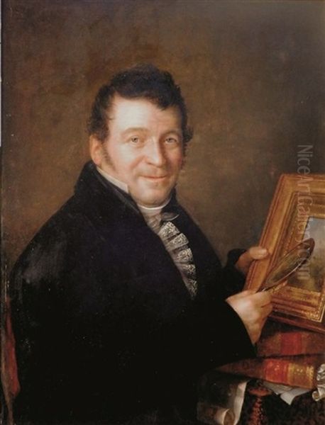 Portrait D'augustin Miron Examinant Un Petit Tableau A La Loupe Oil Painting by Jean-Baptiste Mutin