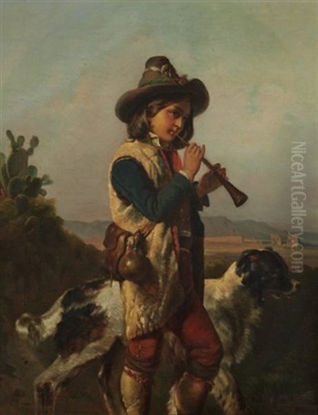 Floten Spielender Schafer Mit Seinem Hund In Einer Landschaft Oil Painting by Alfred van (Jacques) Muyden