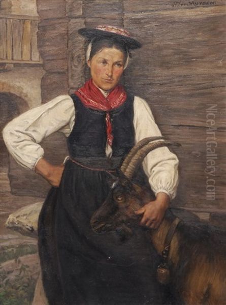 Walliserin Mit Ziege Oil Painting by Henri Van Muyden